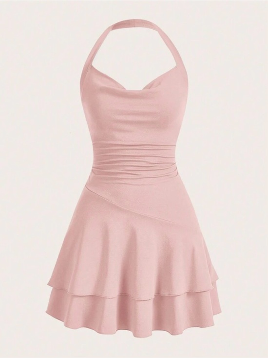Dresses & Skirts - Ruched Halter Tiered Mini Dress in Dusty Pink
